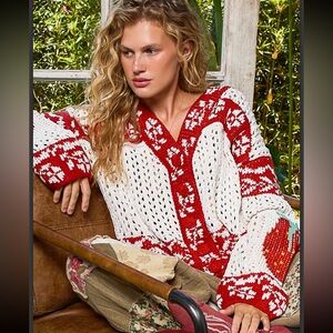 POL Red and White Strawberry Print Knit Sweater